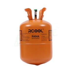 Orange R404A refrigerant gas cylinder with safety valves and label for HVAC systems.
